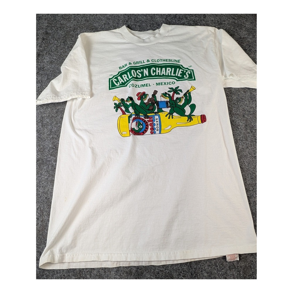 Vintage Carlos N Charlies Cozumel Mexico T-Shirt Mens Large White Senor Frogs